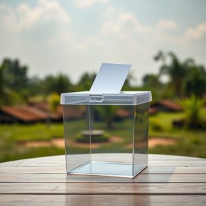 Transparent ballot box on table outside, showing electoral process in Nigerian politics. AI-Generated Image.