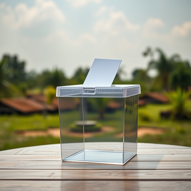 Transparent ballot box on table outside, showing electoral process in Nigerian politics. AI-Generated Image.
