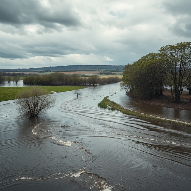 Di image show overflowing riverbank with trees and farmland, wey dey symbolize di heavy flood wey don scatter farms and some area for Naija. AI-Generated Image.