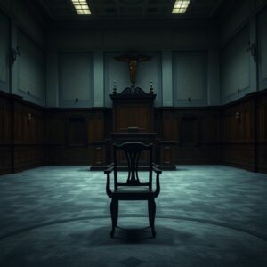 Di image show empty courtroom with abandoned chair, wey dey symbolize di detention of protesters and children in Nigeria. AI-Generated Image.