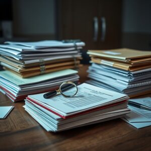 Di image show table wey full with files and documents, wey dey symbolize investigation for Nigeria. AI-Generated Image.