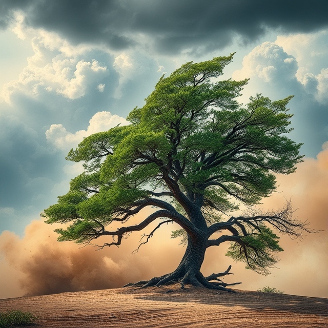 Di image show strong tree wey no dey hear wind story, stand firm inside heavy storm, stormy clouds and dust dey background, wey dey imagine di resilience and beta leadership of Governor Siminalayi Fubara for Rivers State. AI-Generated Image.