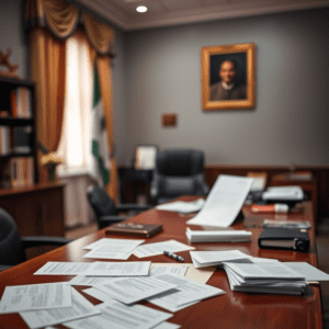 Di image show empty political office desk, wey dey illustrate di separation between El-Rufai and Tinubu government. This Image na digital dem use create am.